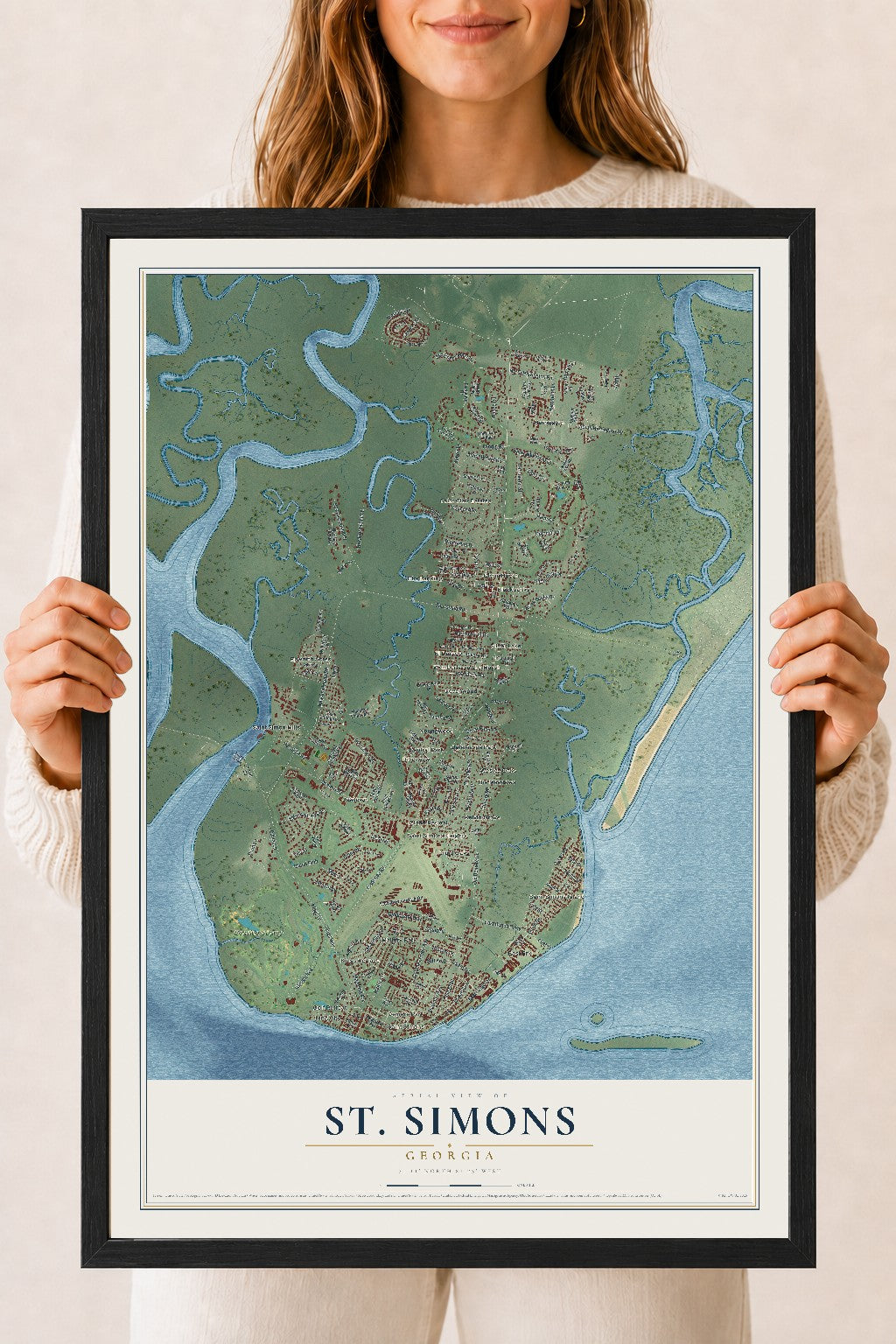 St. Simons, Georgia map print, 18" x 24" W/ Black Ayous Wood Frame mockup