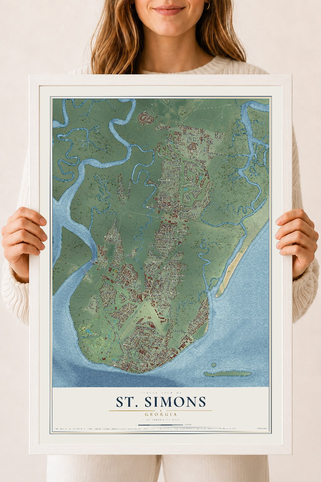 St. Simons, Georgia map print, 18" x 24" W/ White Ayous Wood Frame mockup