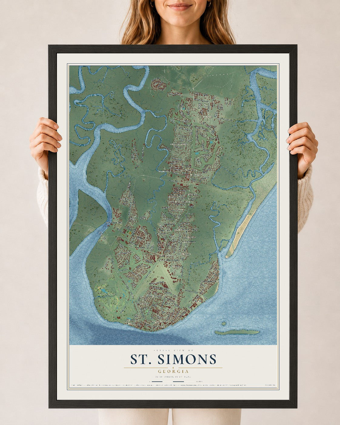 St. Simons, Georgia map print, 24" x 36" W/ Black Ayous Wood Frame mockup