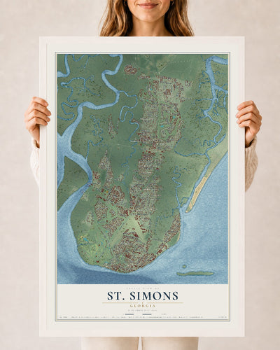 St. Simons, Georgia map print, 24" x 36" W/ White Ayous Wood Frame mockup