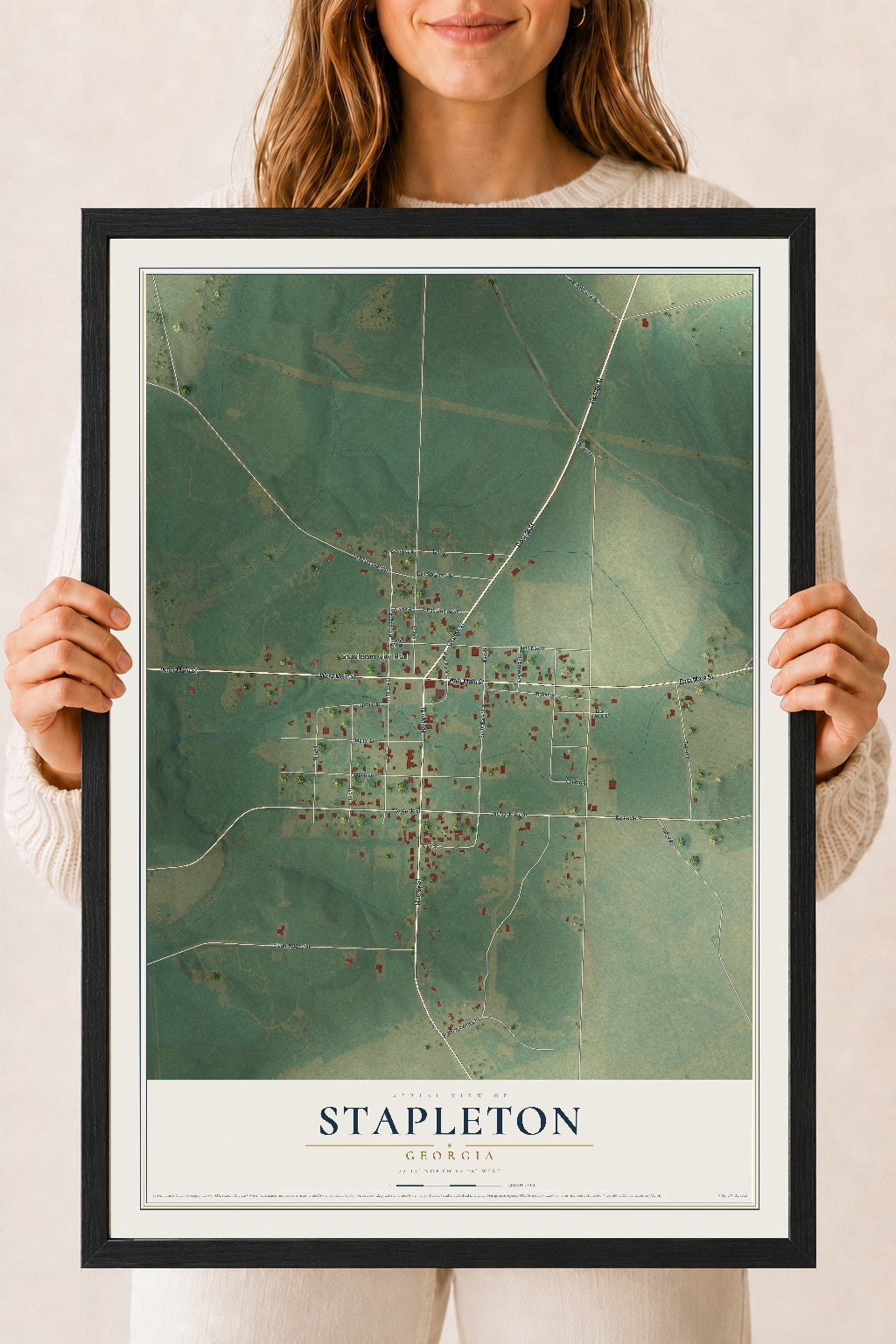 Stapleton, Georgia map print, 18" x 24" W/ Black Ayous Wood Frame mockup