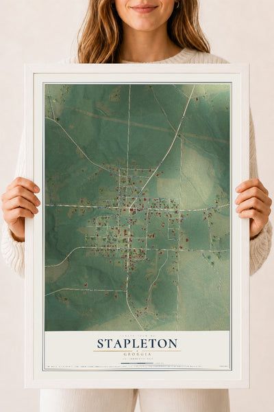 Stapleton, Georgia map print, 18" x 24" W/ White Ayous Wood Frame mockup