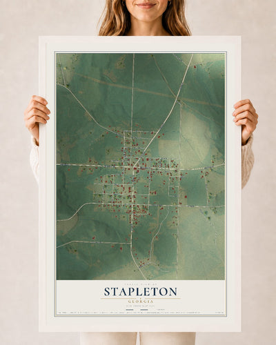 Stapleton, Georgia map print, 24" x 36" W/ White Ayous Wood Frame mockup