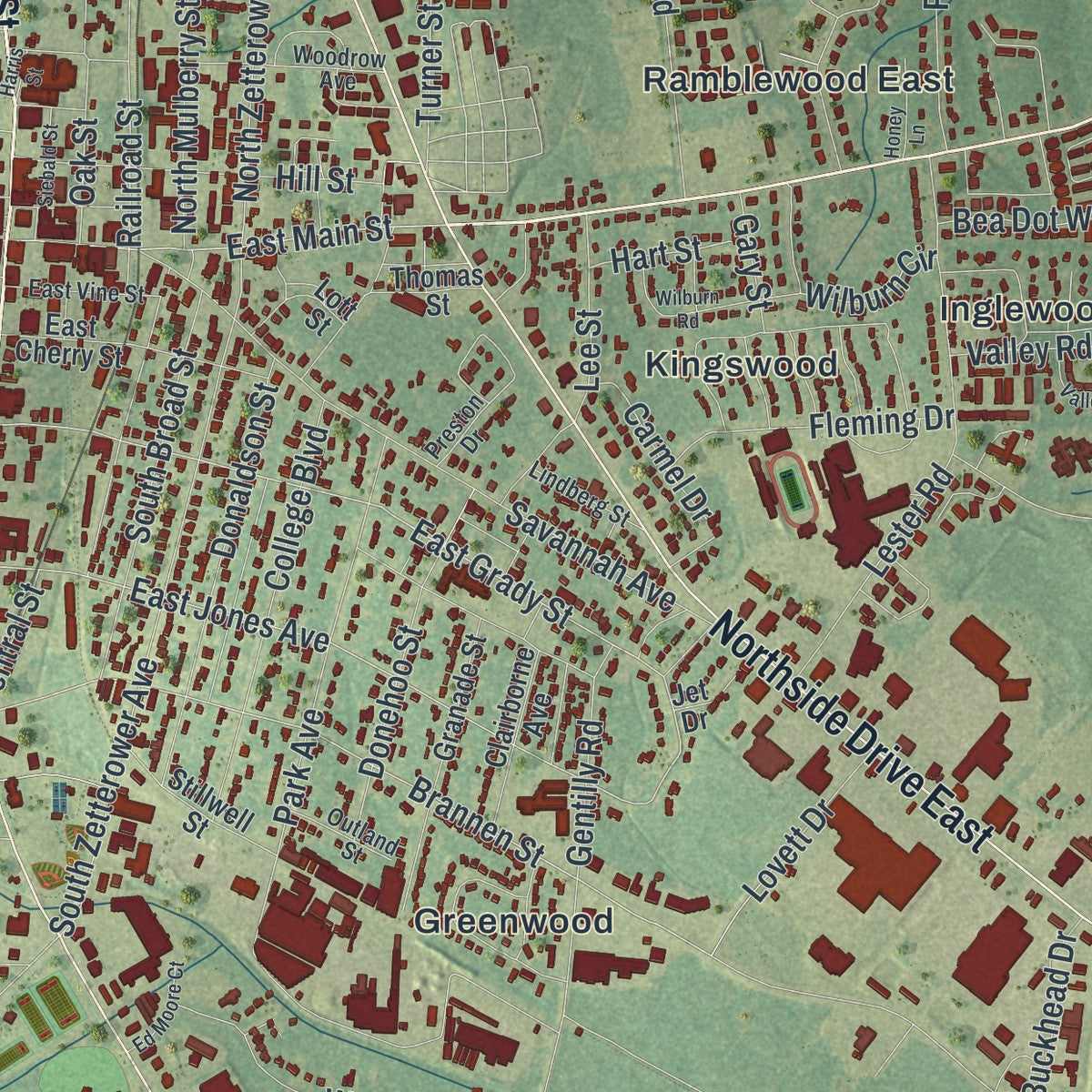 Close-up 1 of the Statesboro, Georgia map artwork