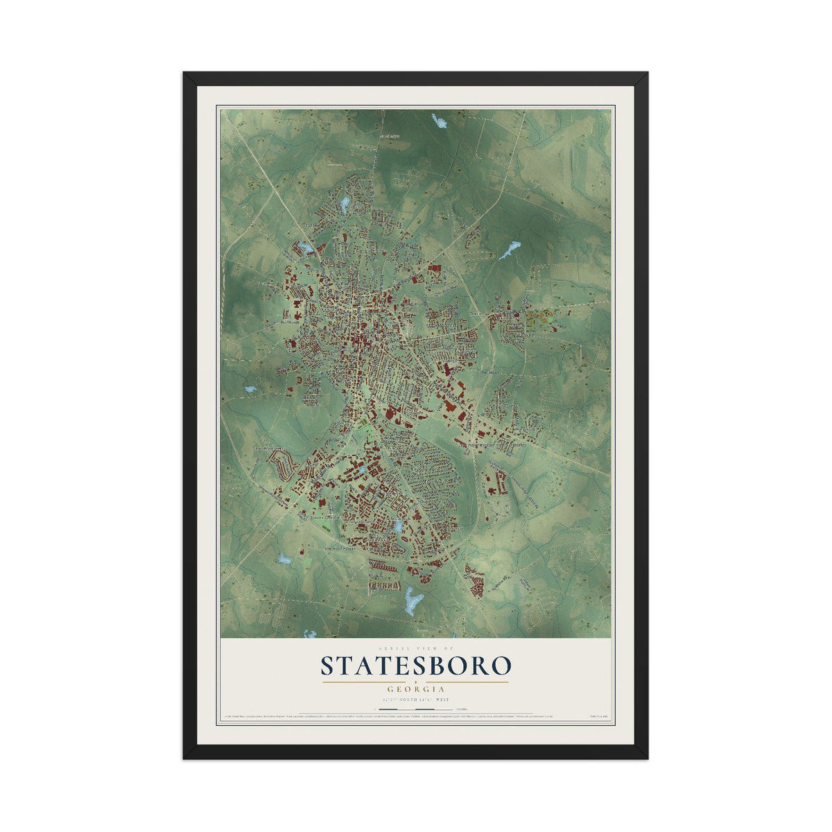 Statesboro, Georgia map print, 12" x 18" W/ Black Ayous Wood Frame mockup