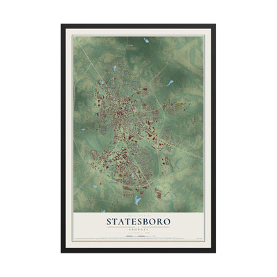 Statesboro, Georgia map print, 12" x 18" W/ Black Ayous Wood Frame mockup