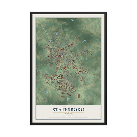 Map of Statesboro, Georgia, 12 x 18 inch print in a black wood frame