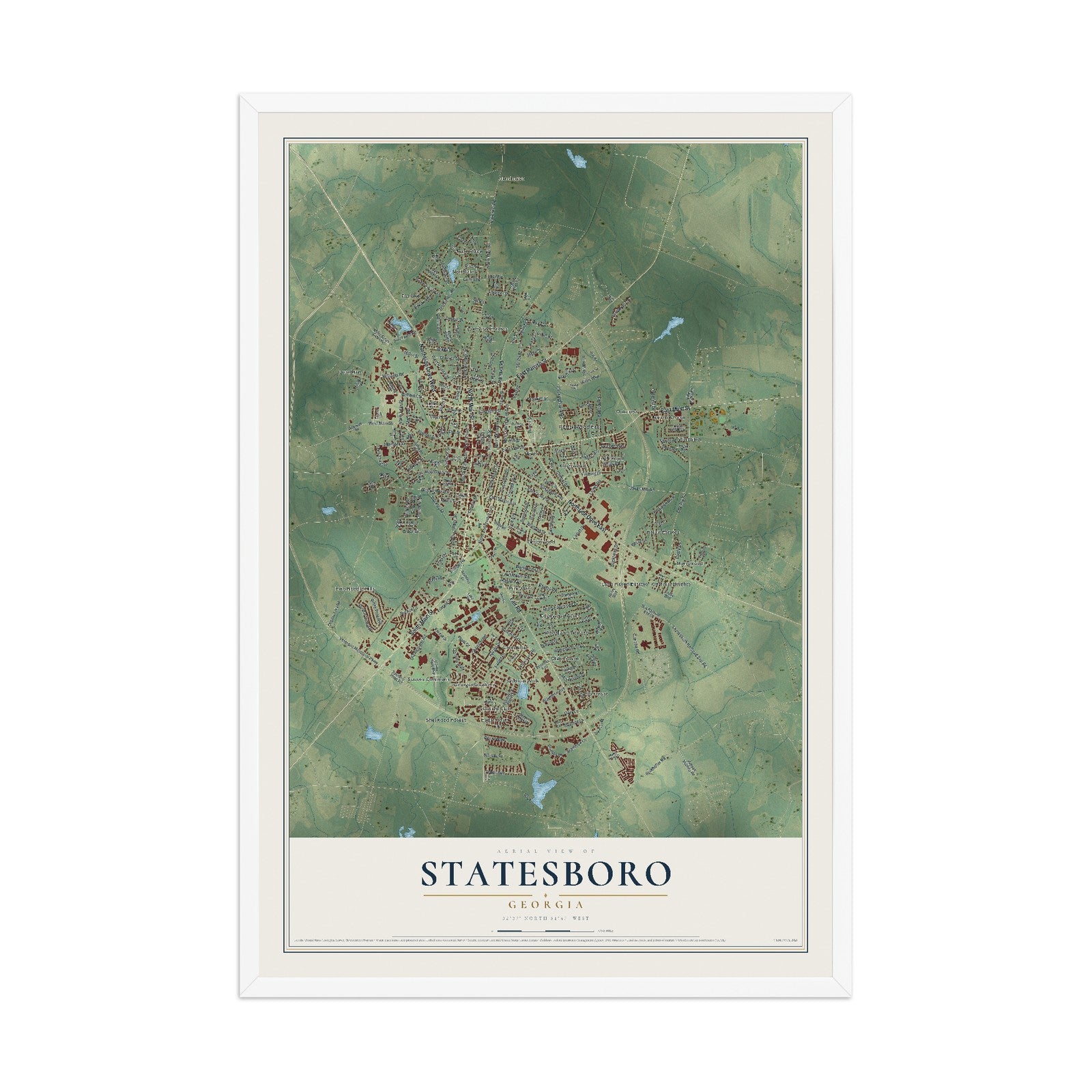 Statesboro, Georgia map print, 12" x 18" W/ White Ayous Wood Frame mockup