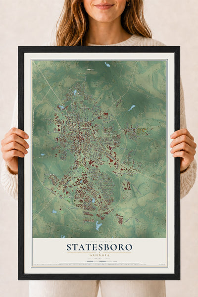 Statesboro, Georgia map print, 18" x 24" W/ Black Ayous Wood Frame mockup