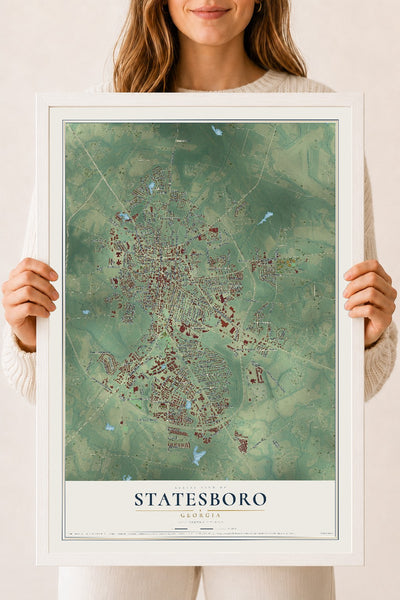 Statesboro, Georgia map print, 18" x 24" W/ White Ayous Wood Frame mockup