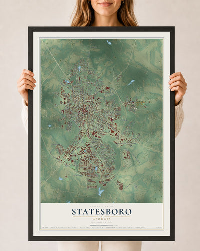 Statesboro, Georgia map print, 24" x 36" W/ Black Ayous Wood Frame mockup