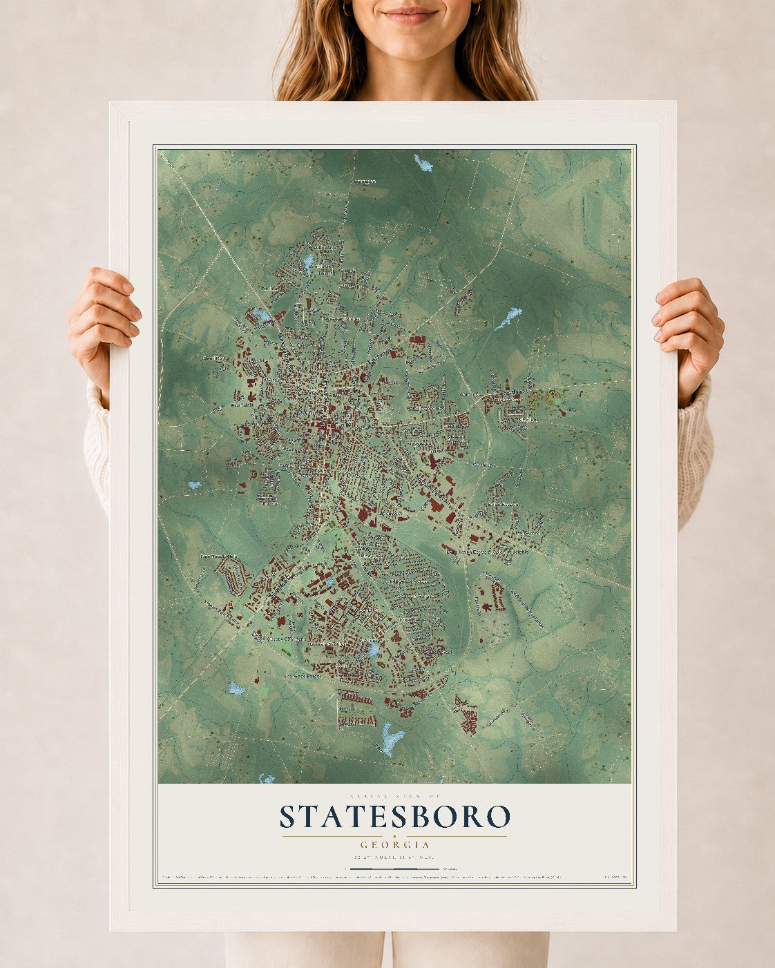 Statesboro, Georgia map print, 24" x 36" W/ White Ayous Wood Frame mockup