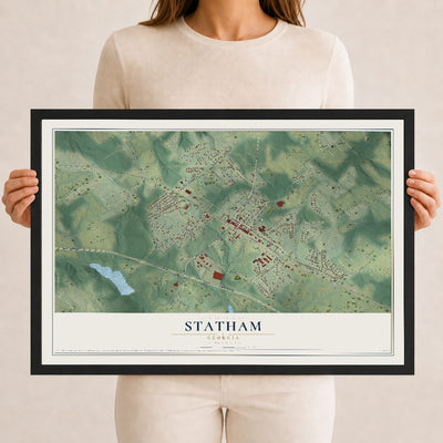 Statham, Georgia map print, 12" x 18" W/ Black Ayous Wood Frame mockup