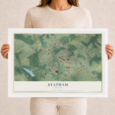 Statham, Georgia map print, 12" x 18" W/ White Ayous Wood Frame mockup