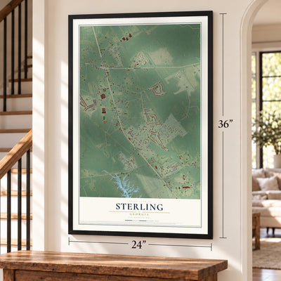 Sterling, Georgia map, 24 x 36 inch print in a black frame by a staircase