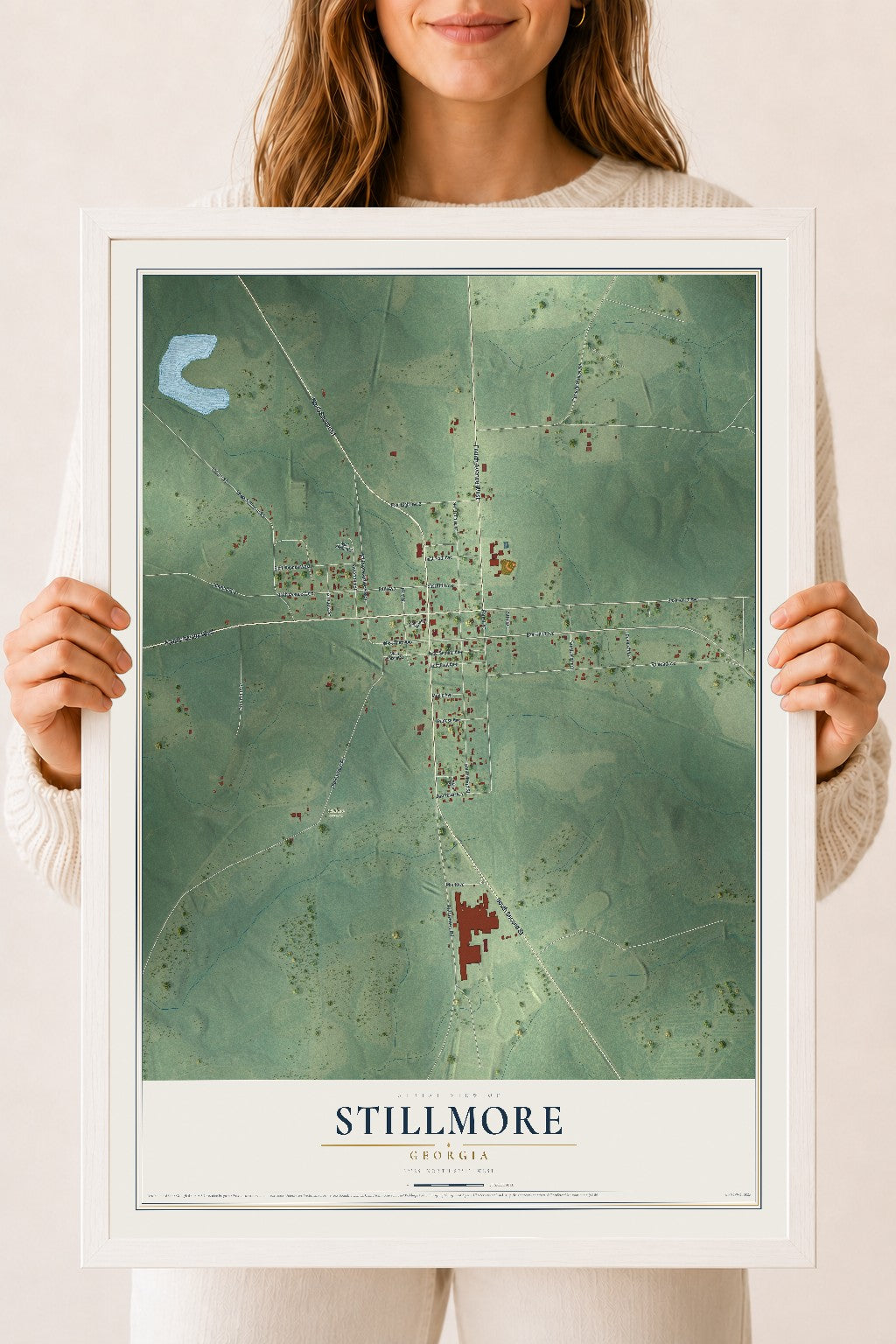Stillmore, Georgia map print, 18" x 24" W/ White Ayous Wood Frame mockup