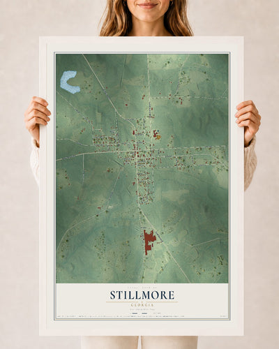 Stillmore, Georgia map print, 24" x 36" W/ White Ayous Wood Frame mockup