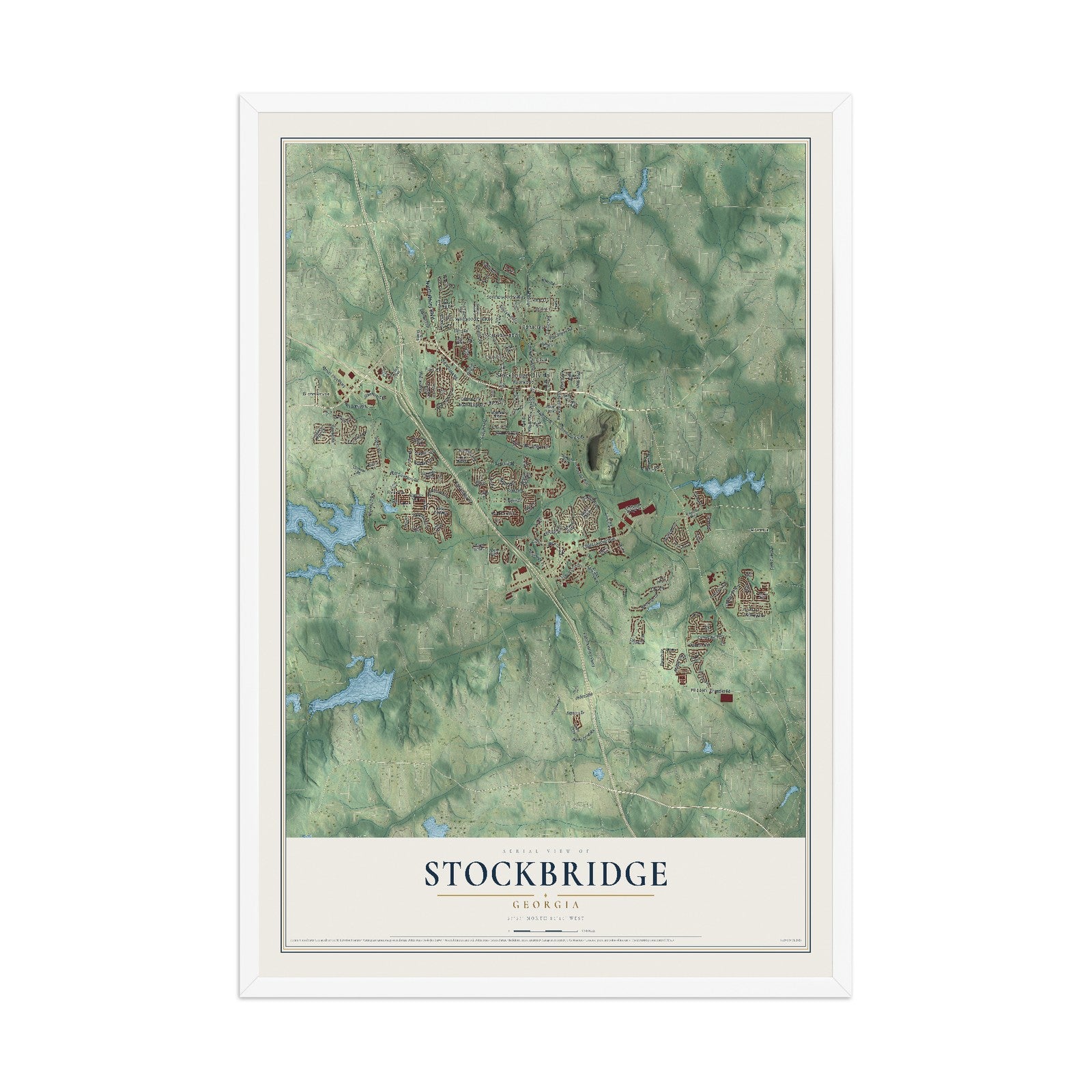 Stockbridge, Georgia map print, 12" x 18" W/ White Ayous Wood Frame mockup