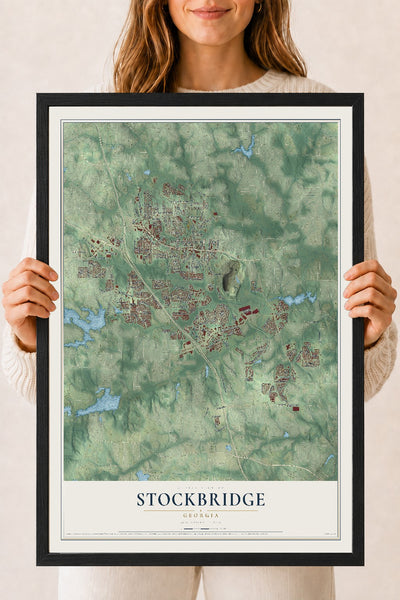 Stockbridge, Georgia map print, 18" x 24" W/ Black Ayous Wood Frame mockup