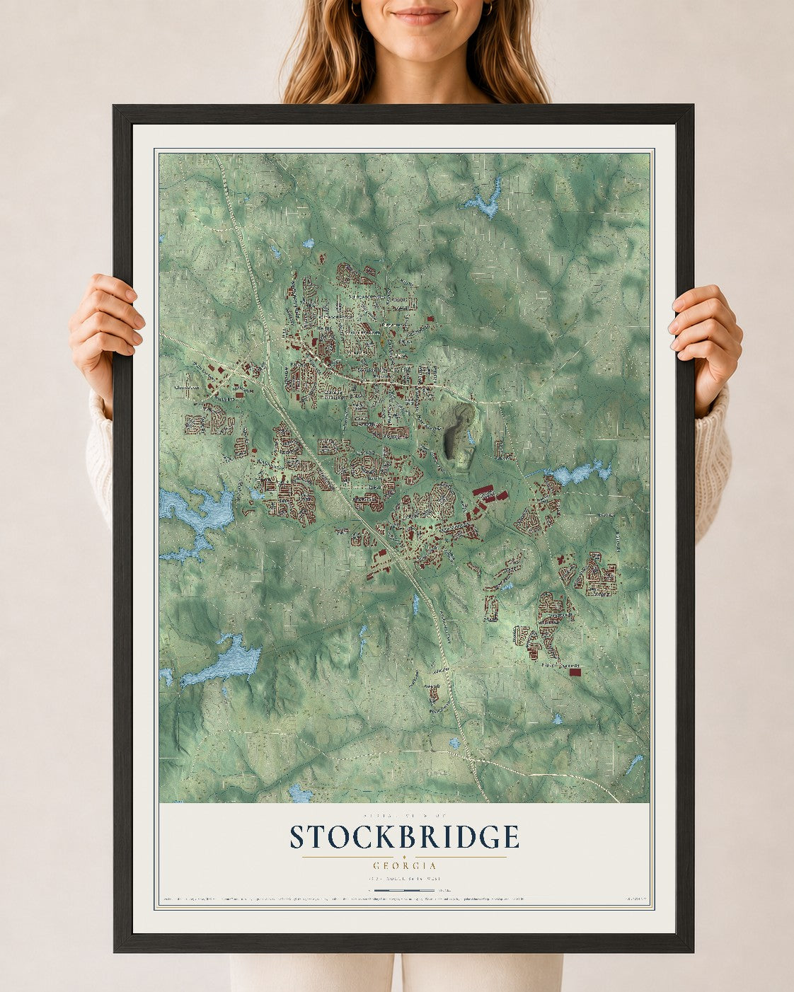 Stockbridge, Georgia map print, 24" x 36" W/ Black Ayous Wood Frame mockup