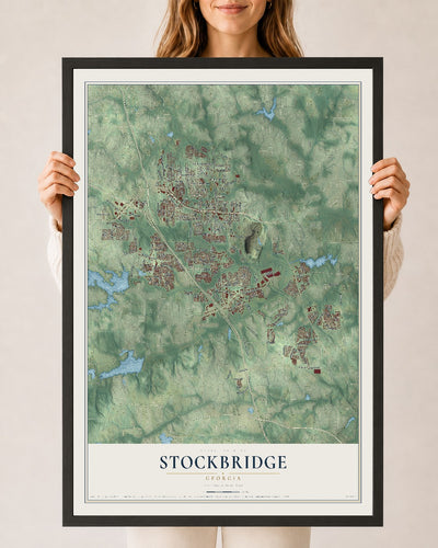 Stockbridge, Georgia map print, 24" x 36" W/ Black Ayous Wood Frame mockup