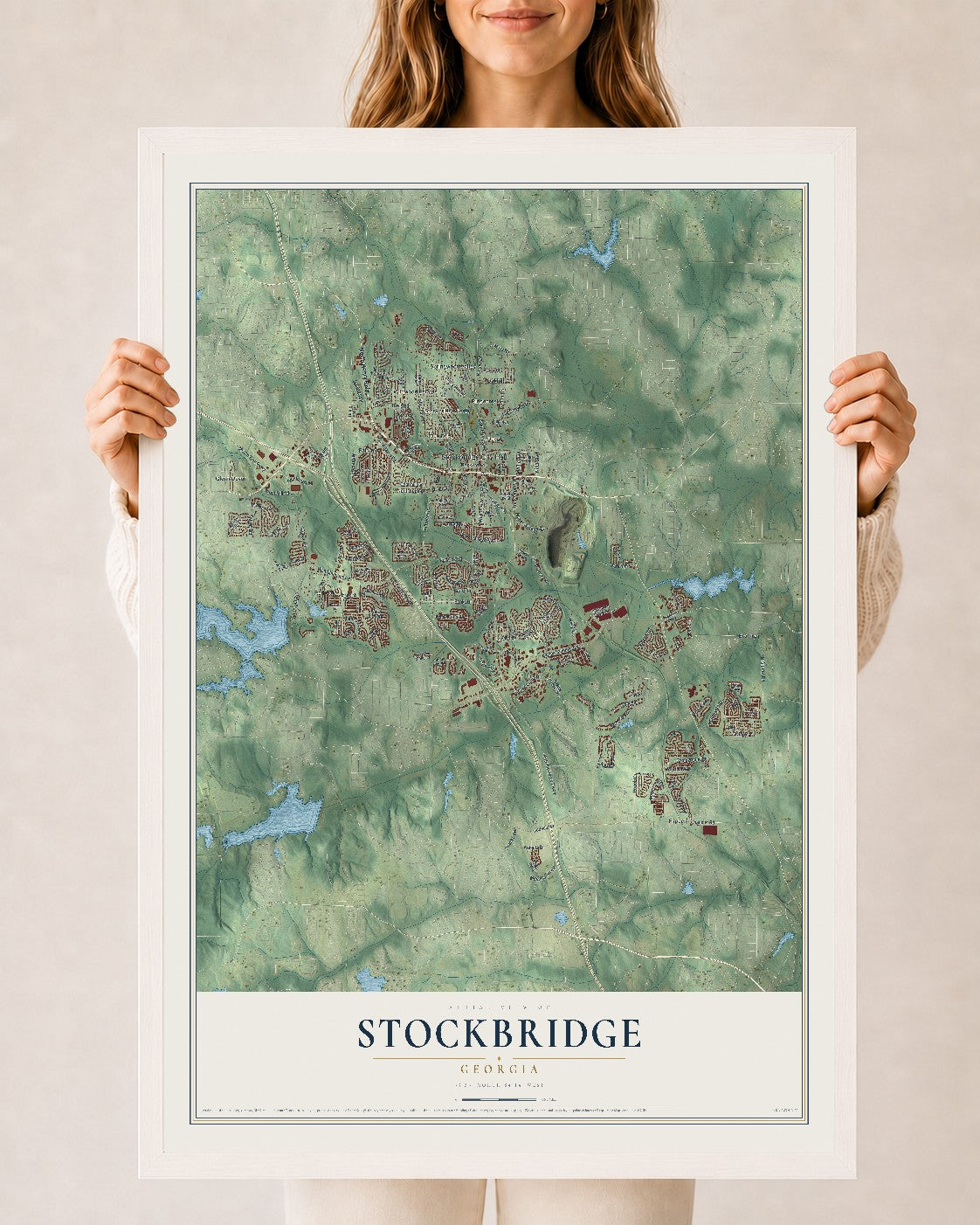 Stockbridge, Georgia map print, 24" x 36" W/ White Ayous Wood Frame mockup