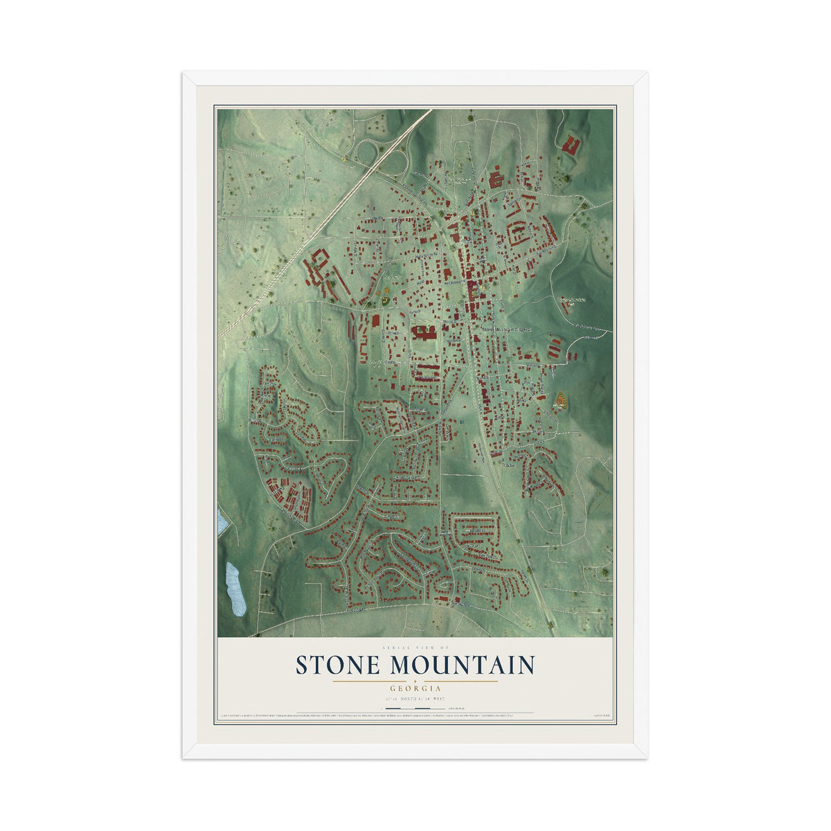 Stone Mountain, Georgia map print, 12" x 18" W/ White Ayous Wood Frame mockup