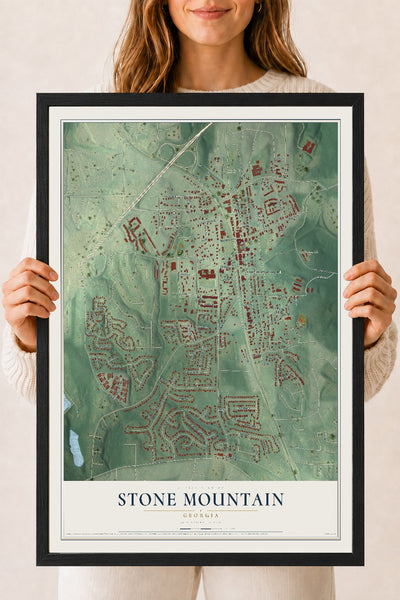Stone Mountain, Georgia map print, 18" x 24" W/ Black Ayous Wood Frame mockup