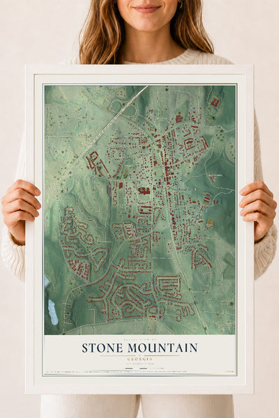 Stone Mountain, Georgia map print, 18" x 24" W/ White Ayous Wood Frame mockup