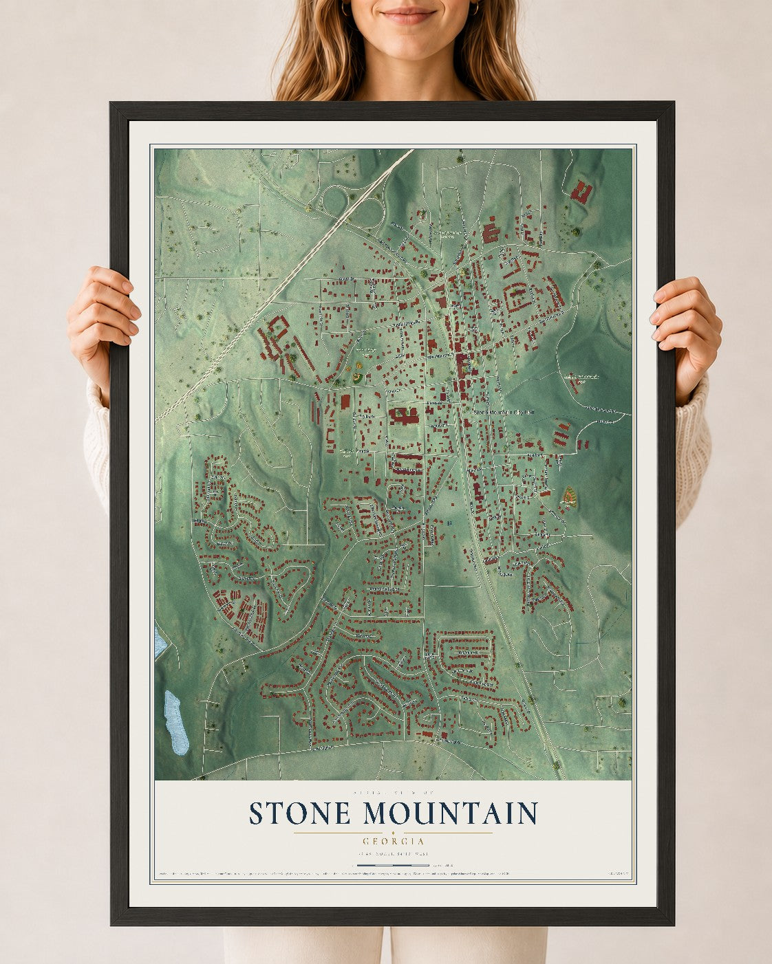 Stone Mountain, Georgia map print, 24" x 36" W/ Black Ayous Wood Frame mockup