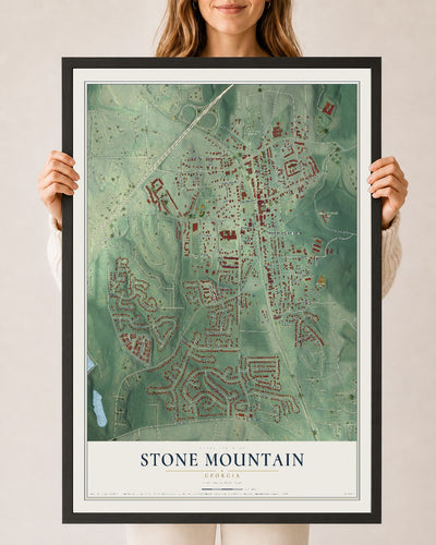Stone Mountain, Georgia map print, 24" x 36" W/ Black Ayous Wood Frame mockup