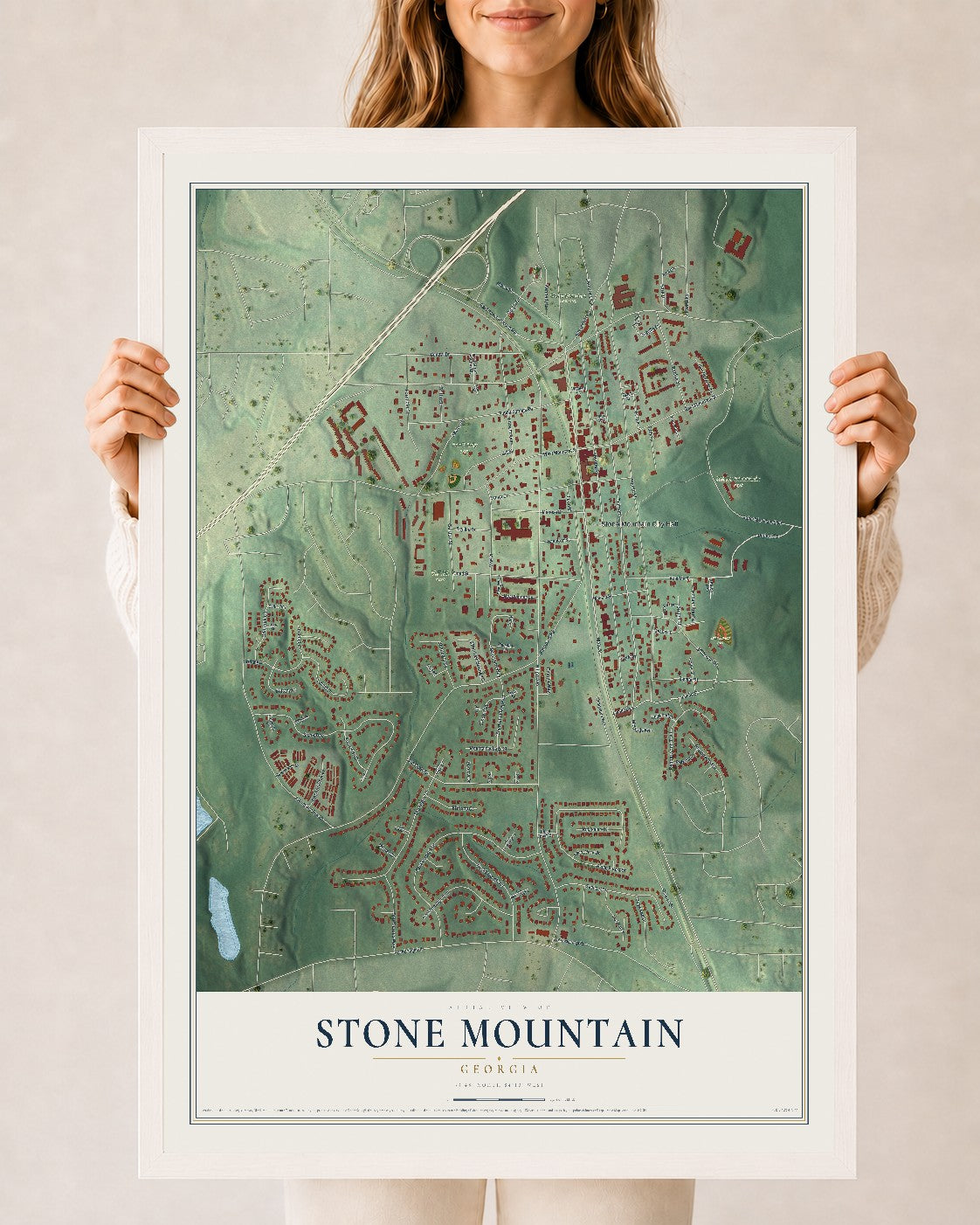 Stone Mountain, Georgia map print, 24" x 36" W/ White Ayous Wood Frame mockup