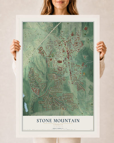 Stone Mountain, Georgia map print, 24" x 36" W/ White Ayous Wood Frame mockup