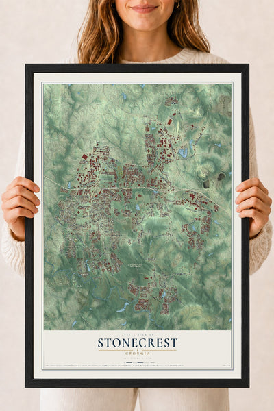Stonecrest, Georgia map print, 18" x 24" W/ Black Ayous Wood Frame mockup