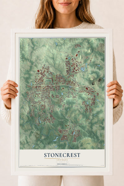 Stonecrest, Georgia map print, 18" x 24" W/ White Ayous Wood Frame mockup