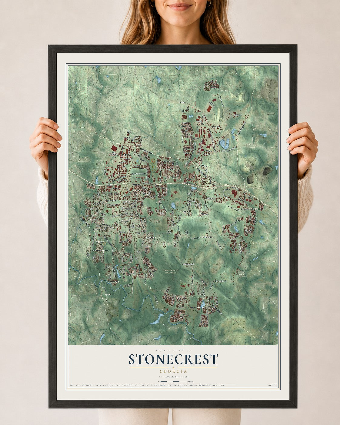 Stonecrest, Georgia map print, 24" x 36" W/ Black Ayous Wood Frame mockup