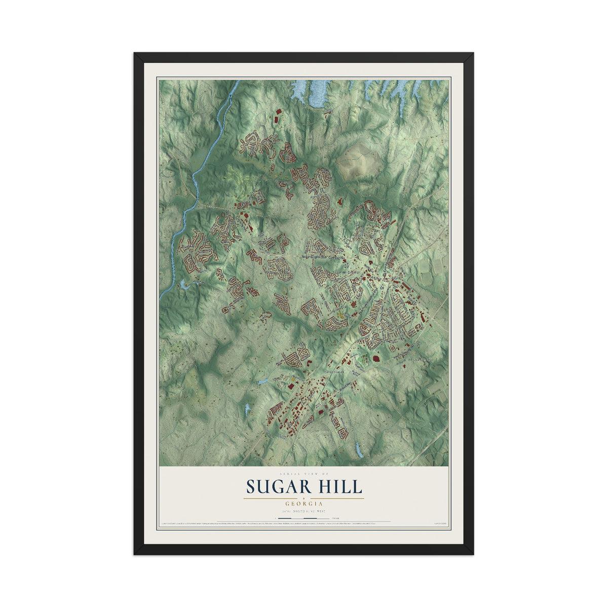 Sugar Hill, Georgia map print, 12" x 18" W/ Black Ayous Wood Frame mockup
