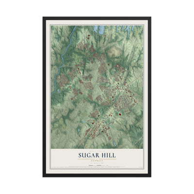 Sugar Hill, Georgia map print, 12" x 18" W/ Black Ayous Wood Frame mockup