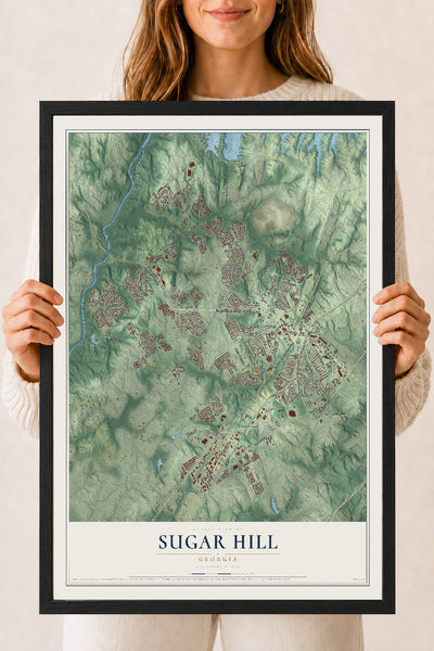 Sugar Hill, Georgia map print, 18" x 24" W/ Black Ayous Wood Frame mockup
