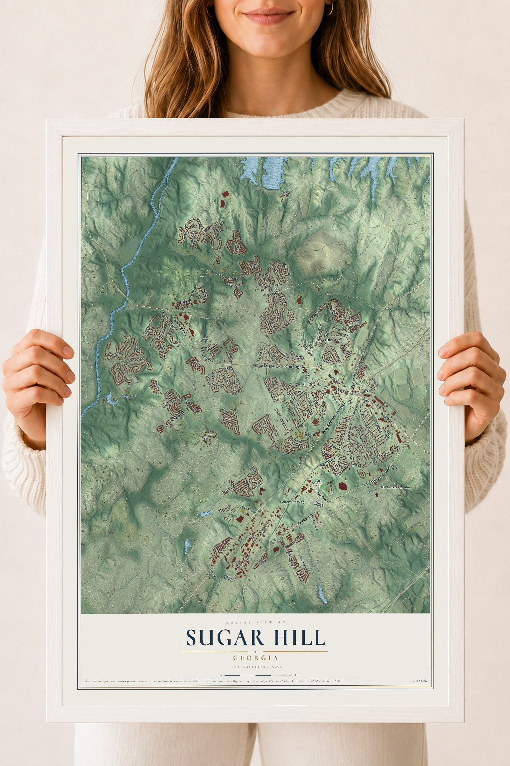 Sugar Hill, Georgia map print, 18" x 24" W/ White Ayous Wood Frame mockup
