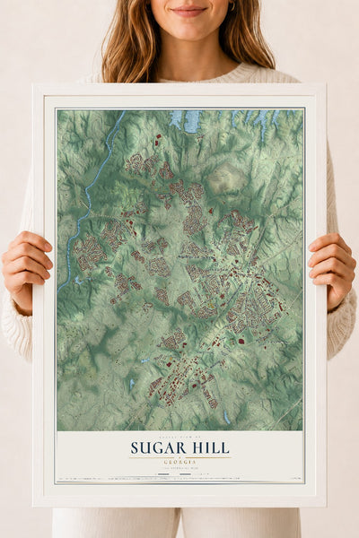 Sugar Hill, Georgia map print, 18" x 24" W/ White Ayous Wood Frame mockup