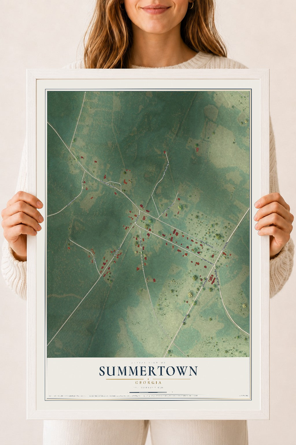 Summertown, Georgia map print, 18" x 24" W/ White Ayous Wood Frame mockup