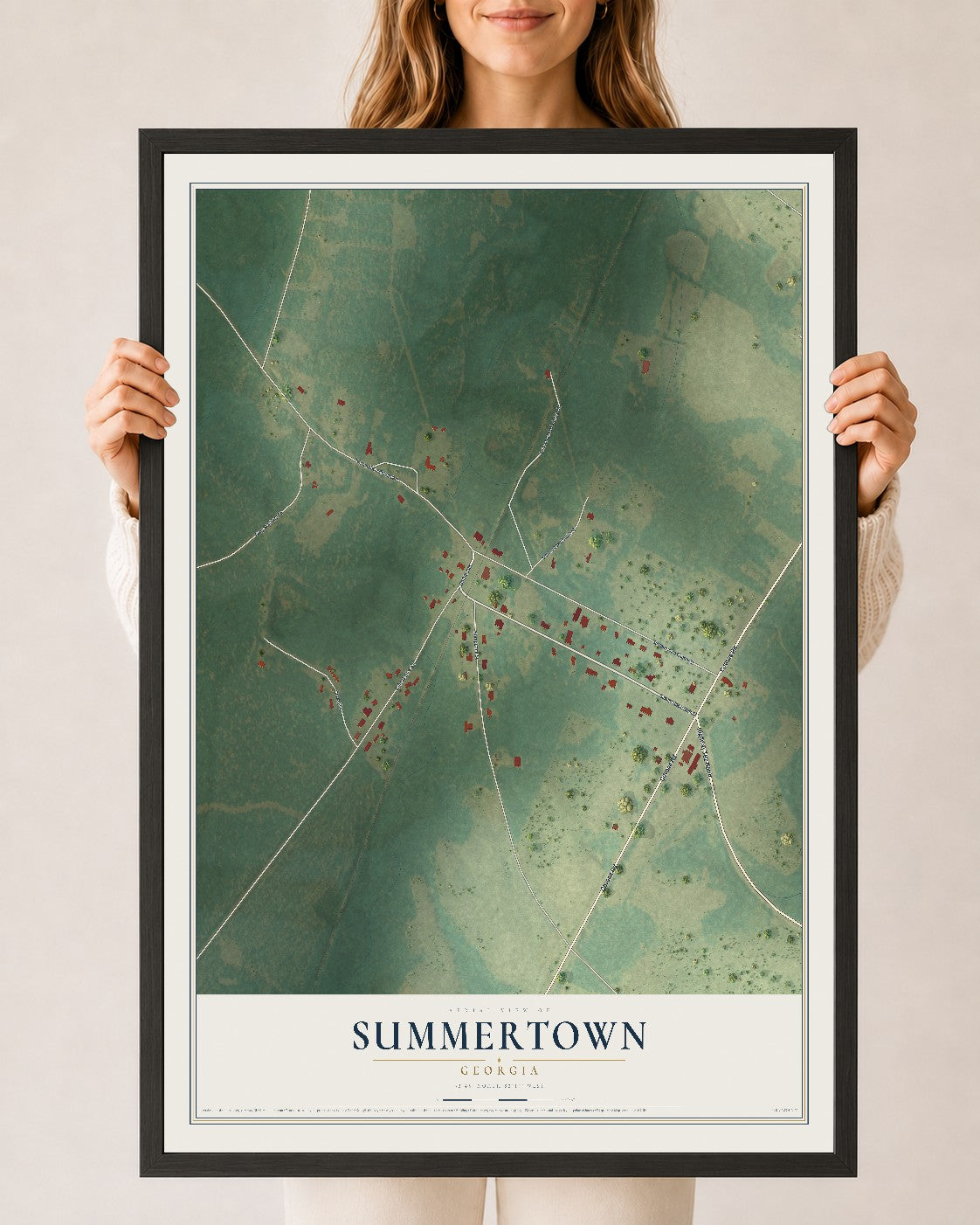 Summertown, Georgia map print, 24" x 36" W/ Black Ayous Wood Frame mockup