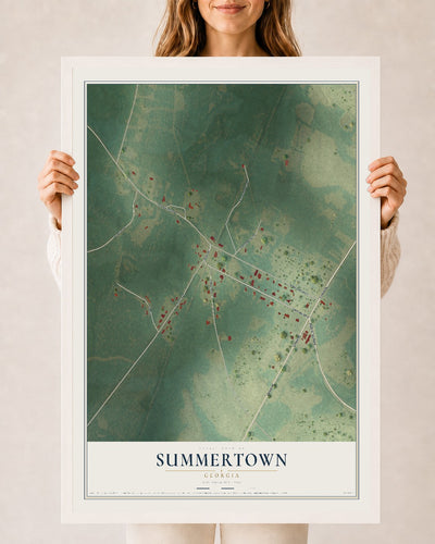 Summertown, Georgia map print, 24" x 36" W/ White Ayous Wood Frame mockup