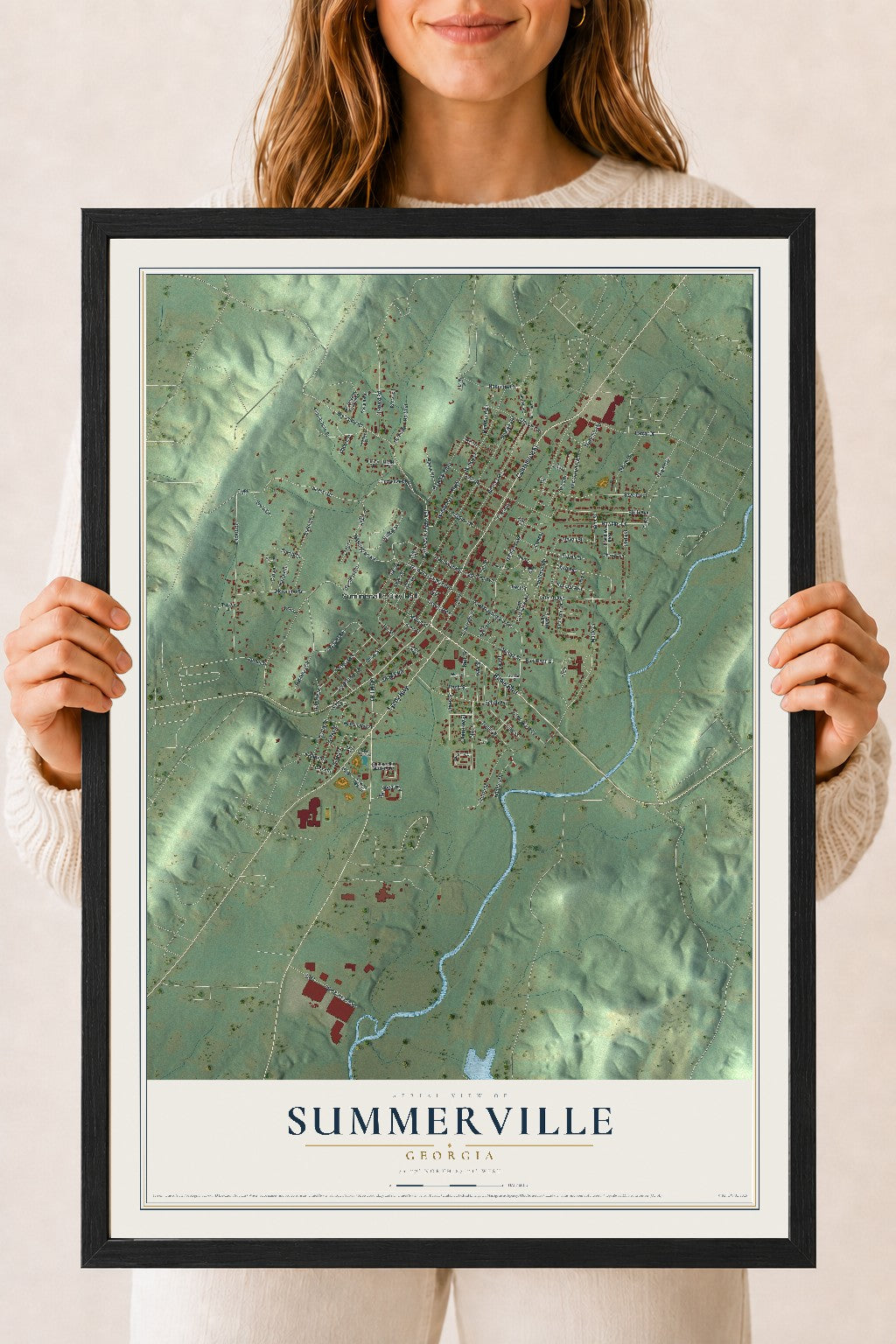 Summerville, Georgia map print, 18" x 24" W/ Black Ayous Wood Frame mockup