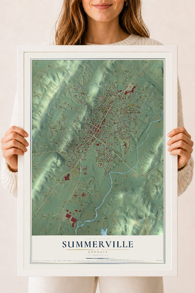Summerville, Georgia map print, 18" x 24" W/ White Ayous Wood Frame mockup