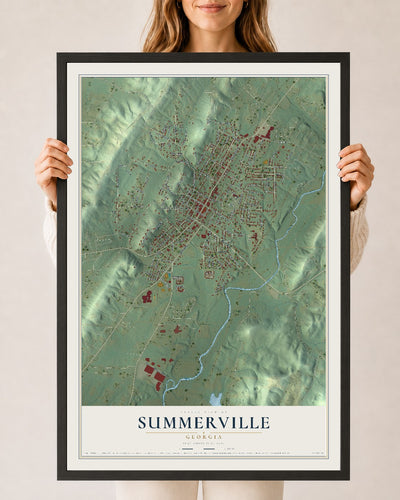 Summerville, Georgia map print, 24" x 36" W/ Black Ayous Wood Frame mockup
