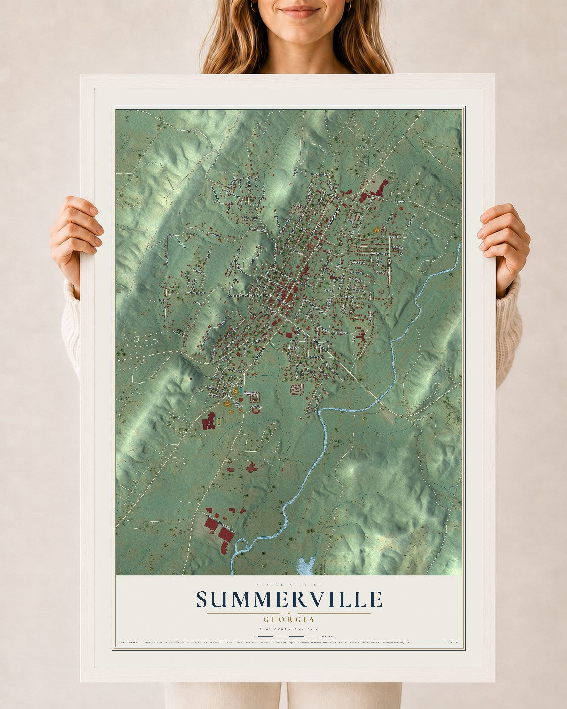 Summerville, Georgia map print, 24" x 36" W/ White Ayous Wood Frame mockup