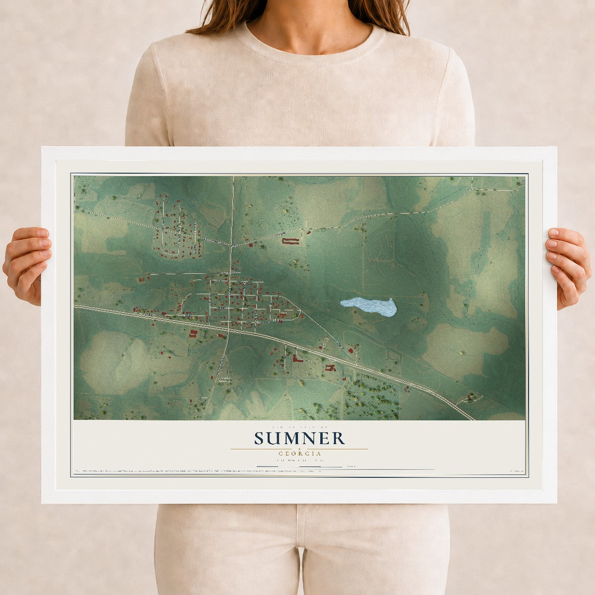Sumner, Georgia map print, 12" x 18" W/ White Ayous Wood Frame mockup