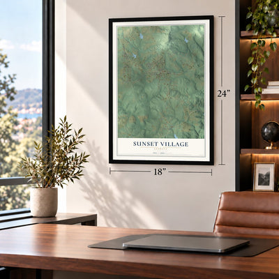 Sunset Village, Georgia map, 18 x 24 inch print in a black frame in a home office